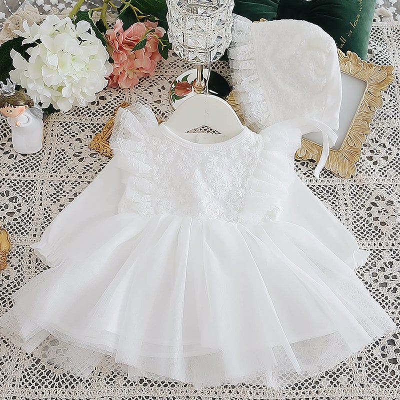 Curipeer Baby Girl Casual Lace Solid Color Dress Long Sleeve Infant Baptism Tulle Dress White 12-18 Months - Image 3
